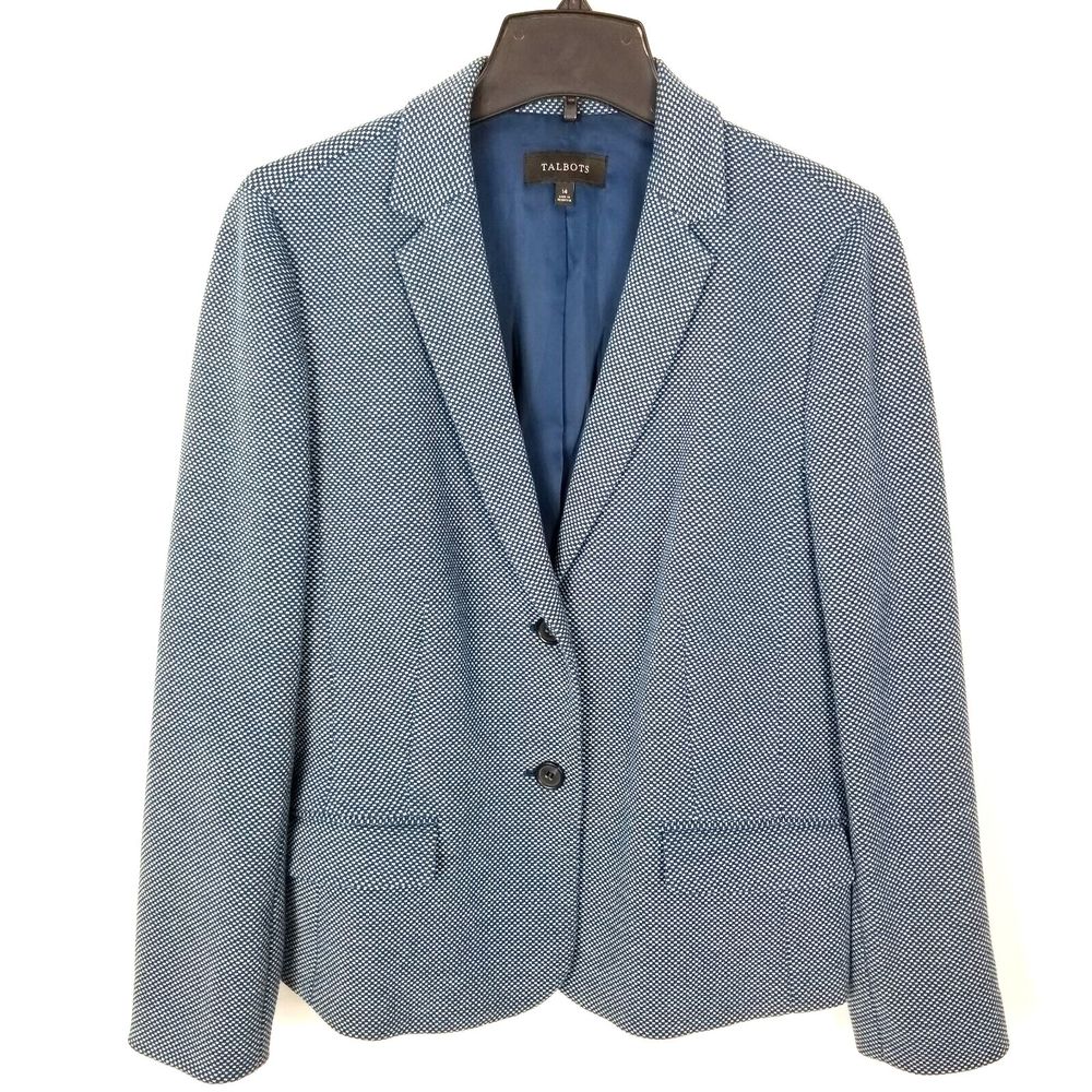 Talbots Women Cotton Blend Jacket Blazer Size 14 Blue Button Up Lined